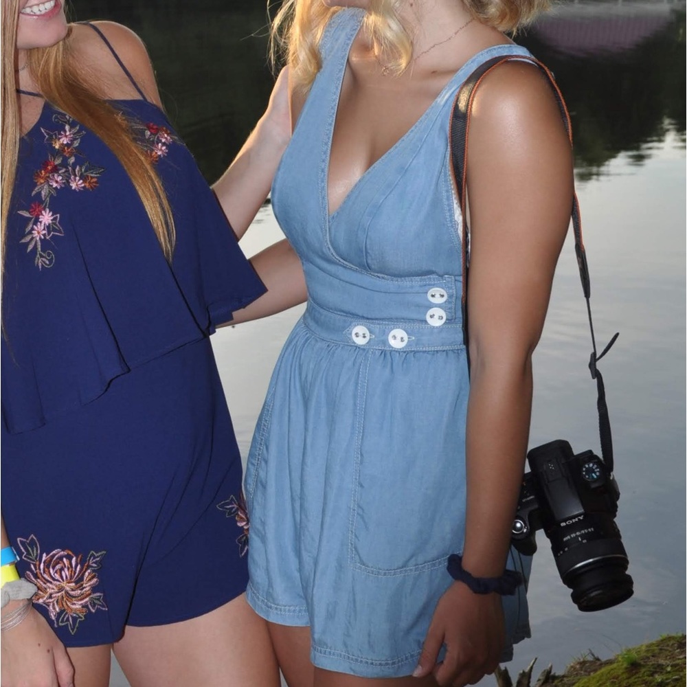 Urban Outfitters Blue Jean Romper with Pockets and Button Details